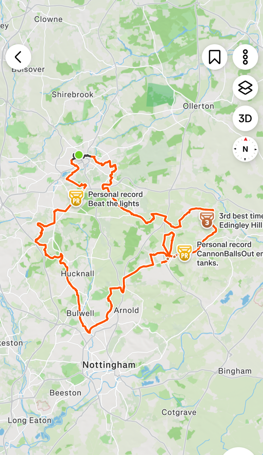 Cyril Savio's Strava-art cycling route around Nottingham, shown highlighted on a map.