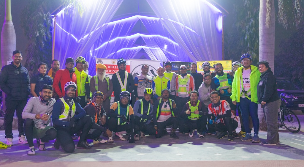 A group of brevet riders gathered before a ride in India.